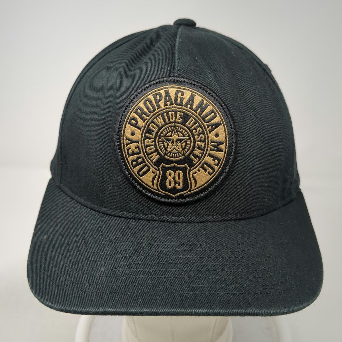 Obey 5 Panel Black Hat One Size Snapback Propaganda MFG 89 Worldwide Dissent