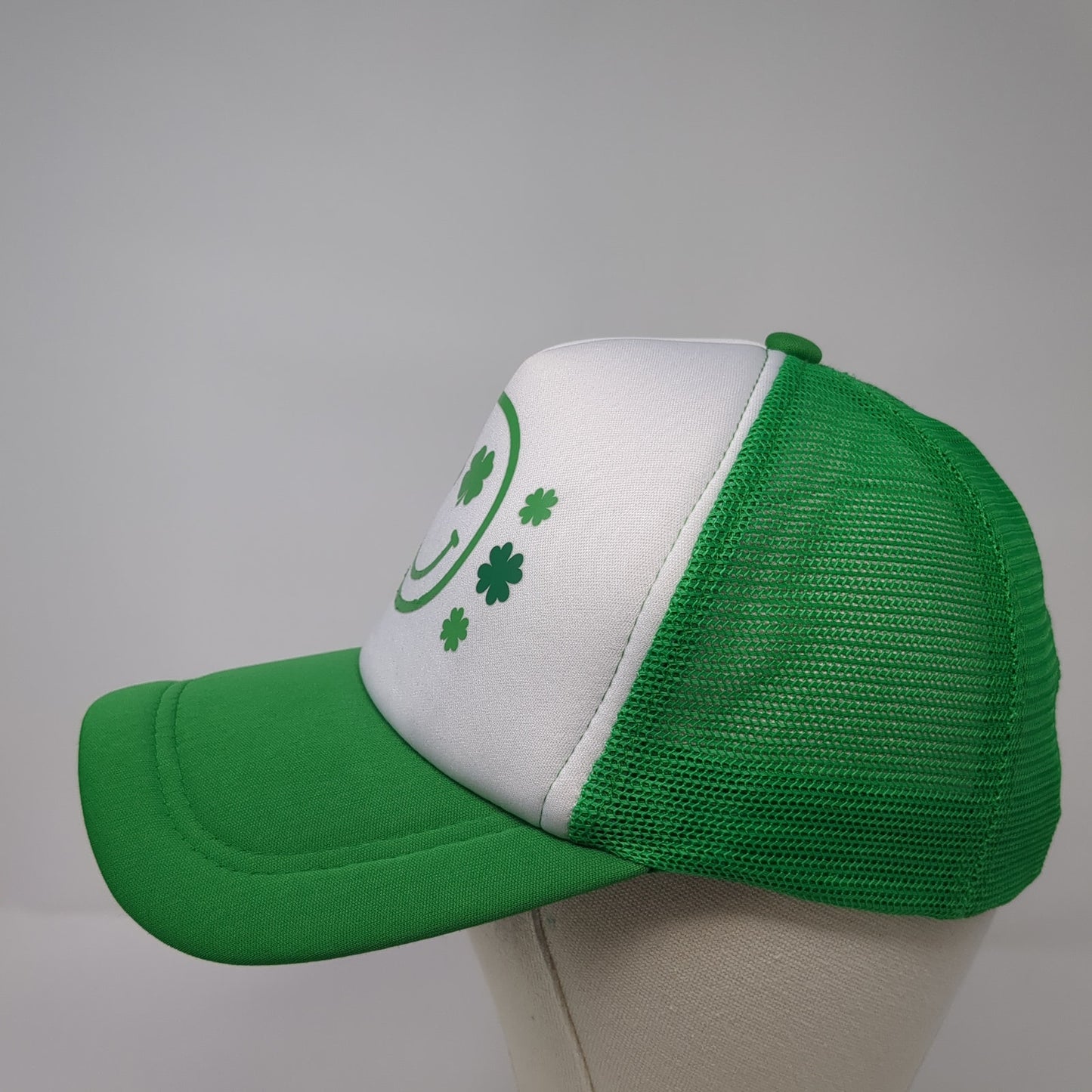 Smiley Face Shamrock Snapback Trucker Hat Green One Size Mesh Back