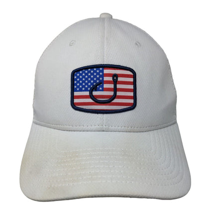 American Flag Fishing Hook Snapback Mesh Back Trucker Hat White OSFM Avid