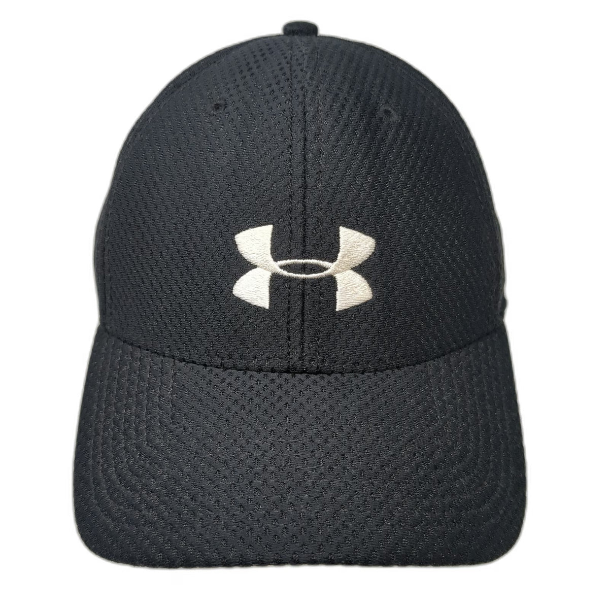 Under Armour Baseball Cap Black L Mesh Fitted Hat White Embroidered Logo Stretch