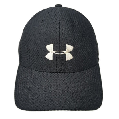 Under Armour Baseball Cap Black L Mesh Fitted Hat White Embroidered Logo Stretch