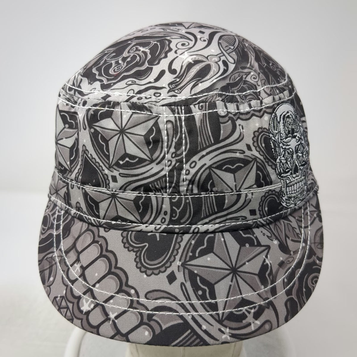 Hot Leathers Army Cap Gray One Size Sugar Skull Tattoo Art Strapback Hat Rose