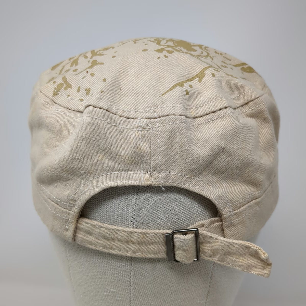 Army Cap Beige One Size Skull Patch Star Studs Grommet Hat Zig-Zag Stitch Cotton