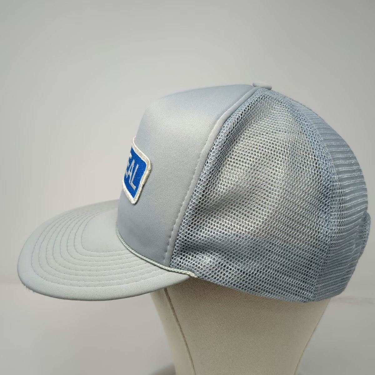 Ideal Trucker Hat Gray One Size Mesh Back Snapback Rope Detail Blue Patch Logo
