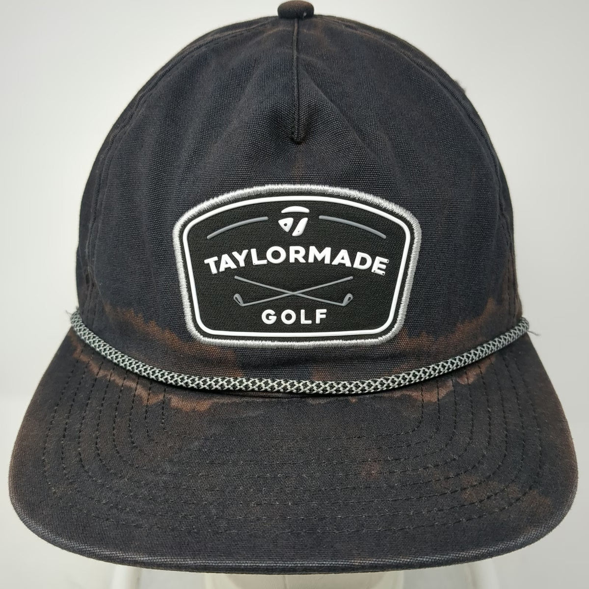 TaylorMade 5 Panel Black One Size Golf Snapback Rope Distressed Logo Patch Hat