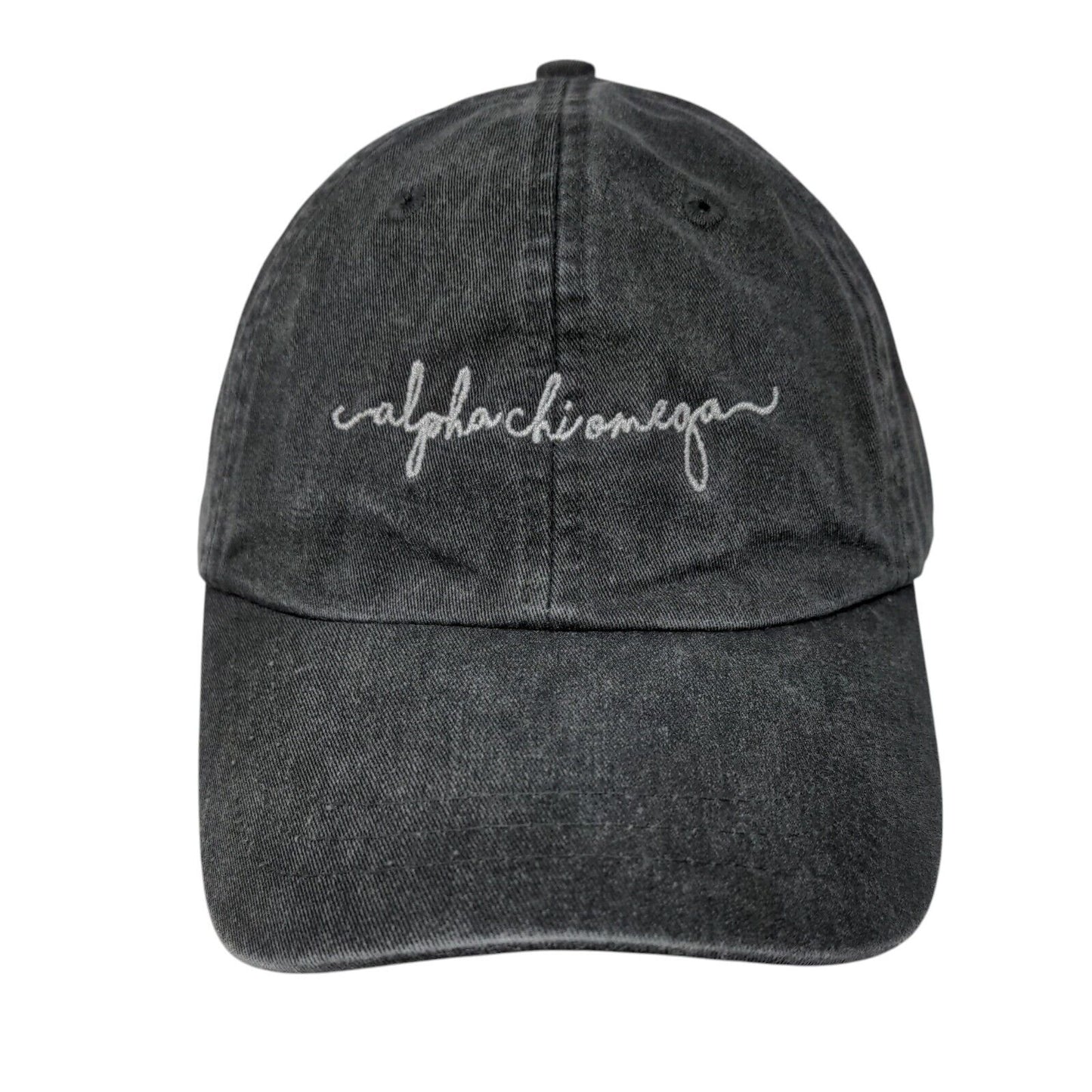 Alpha Chi Omega Slideback Hat Gray OSFA Embroidered Leather Strap Adams