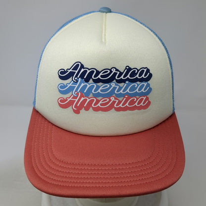 Retro America Patriotic Graphic Trucker Hat Ivory Blue Red One Size Snapback