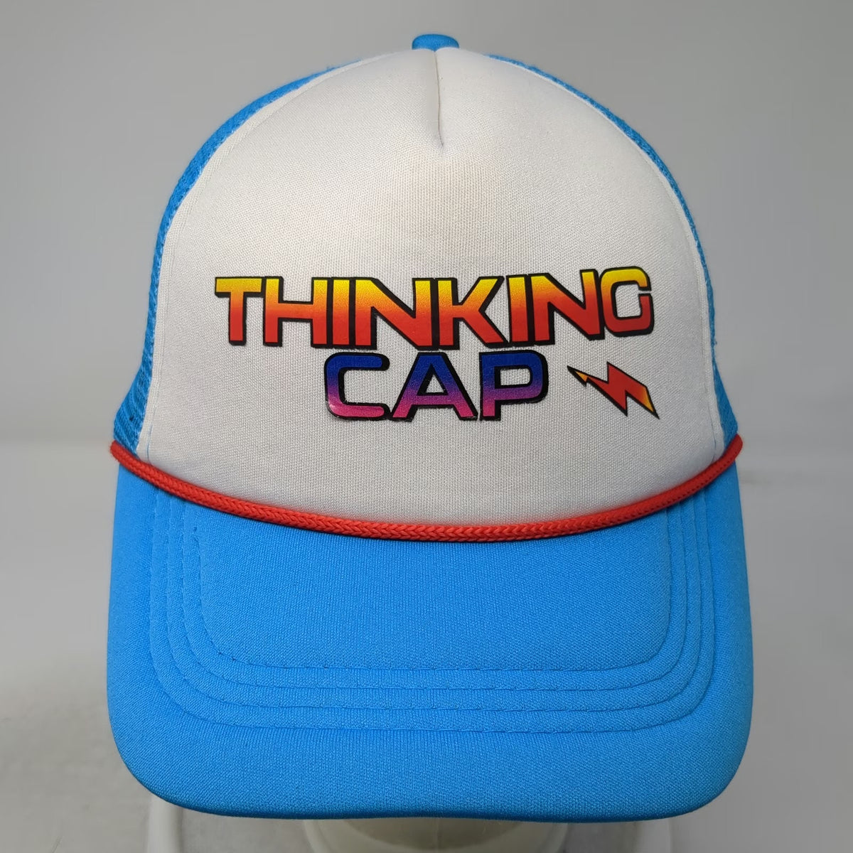 Trucker Hat Blue One Size Thinking Cap Mesh Foam Rope Retro 80s Lightning Bolt