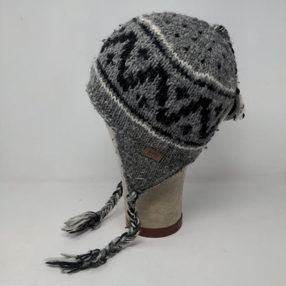 ARK Men's Knit Beanie Trapper Hat Gray Fair Isle 100% Wool Fleece Lined Nepal