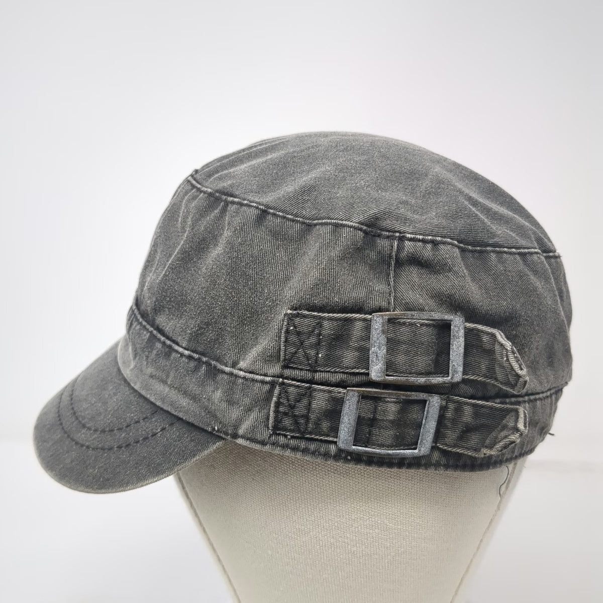 Army Cap Gray One Size Side Buckles Elastic Back Faded Cotton Military Hat