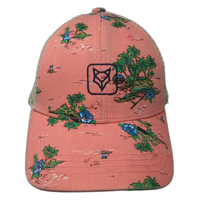 Fox Trucker Hat Pink Beige One Size Tropical Island Palm Tree Print Mesh Back