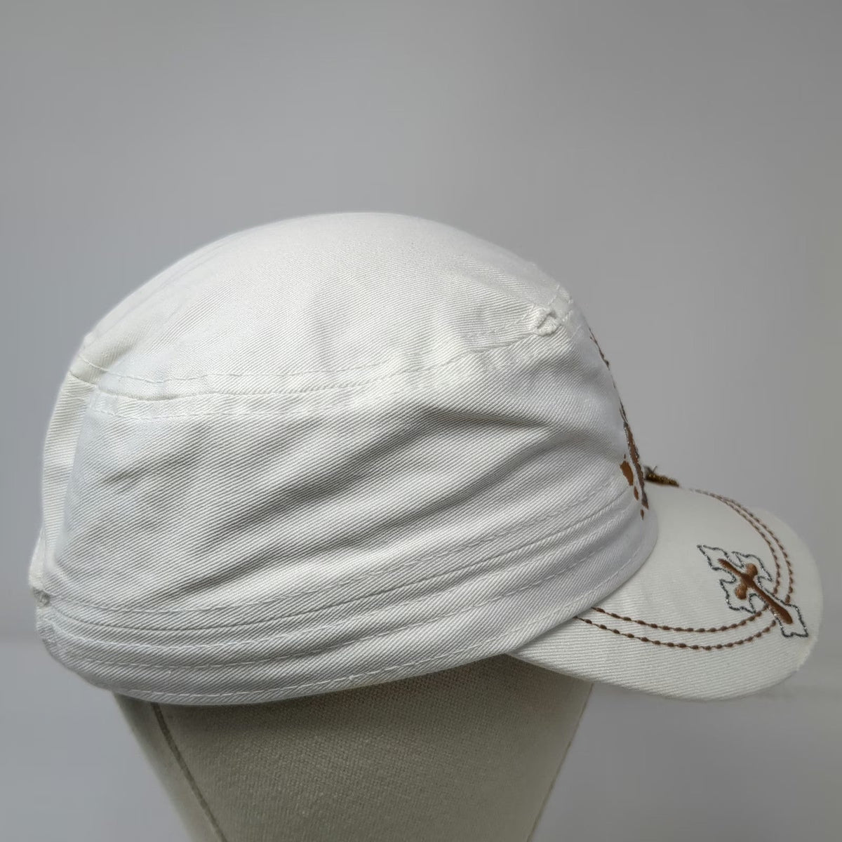 KBETHOS Army Cap White OSFM Beaded Cross Rhinestone Distressed Brown Gold Hat