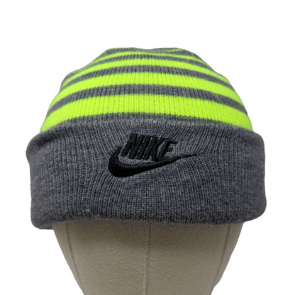 Nike Boy's Knit Beanie Hat Cap Gray Yellow Striped 100% Acrylic Embroidered Logo