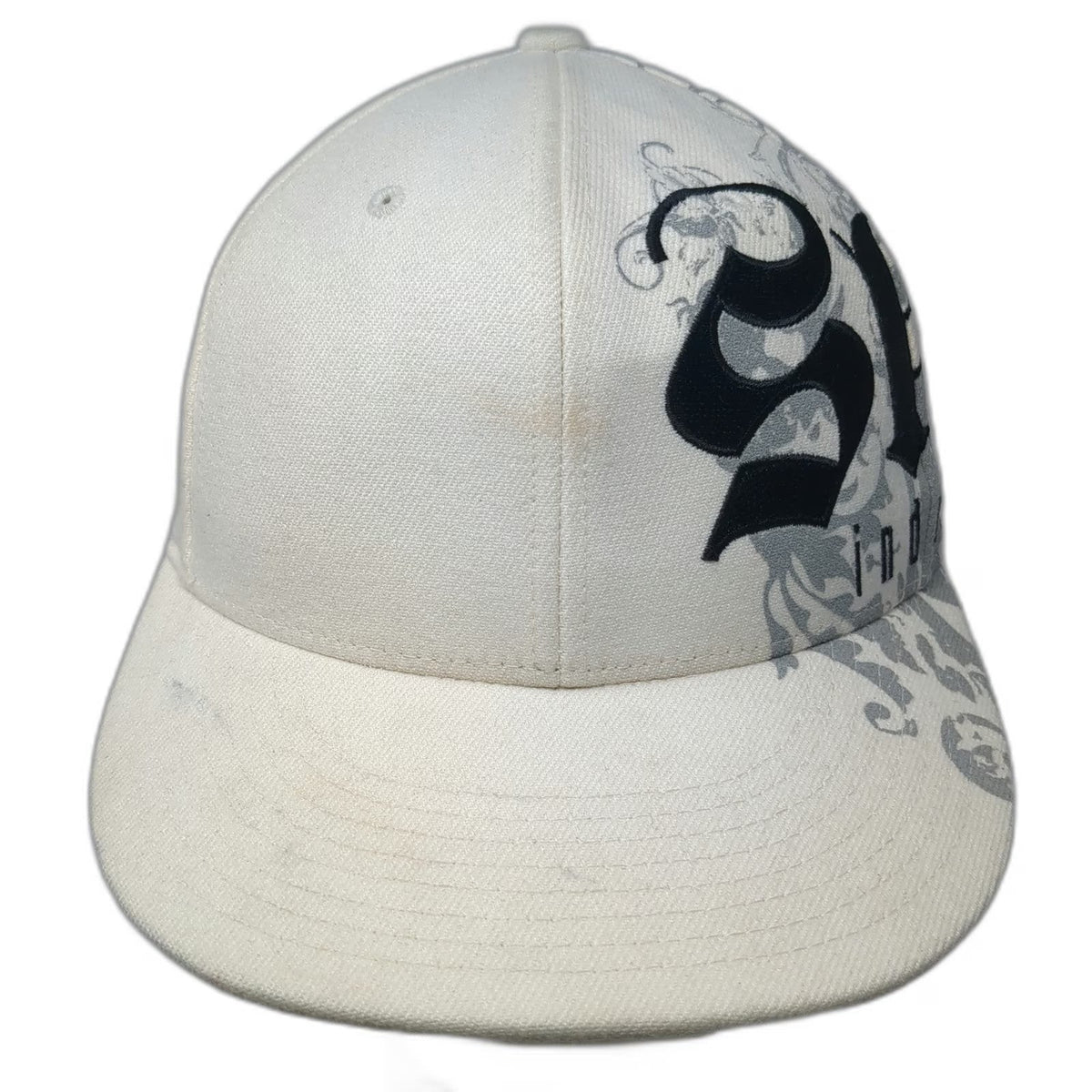 Skin Industries Baseball Cap White 7 1/4 Fitted Pinup Girl Filigree Graphic Hat