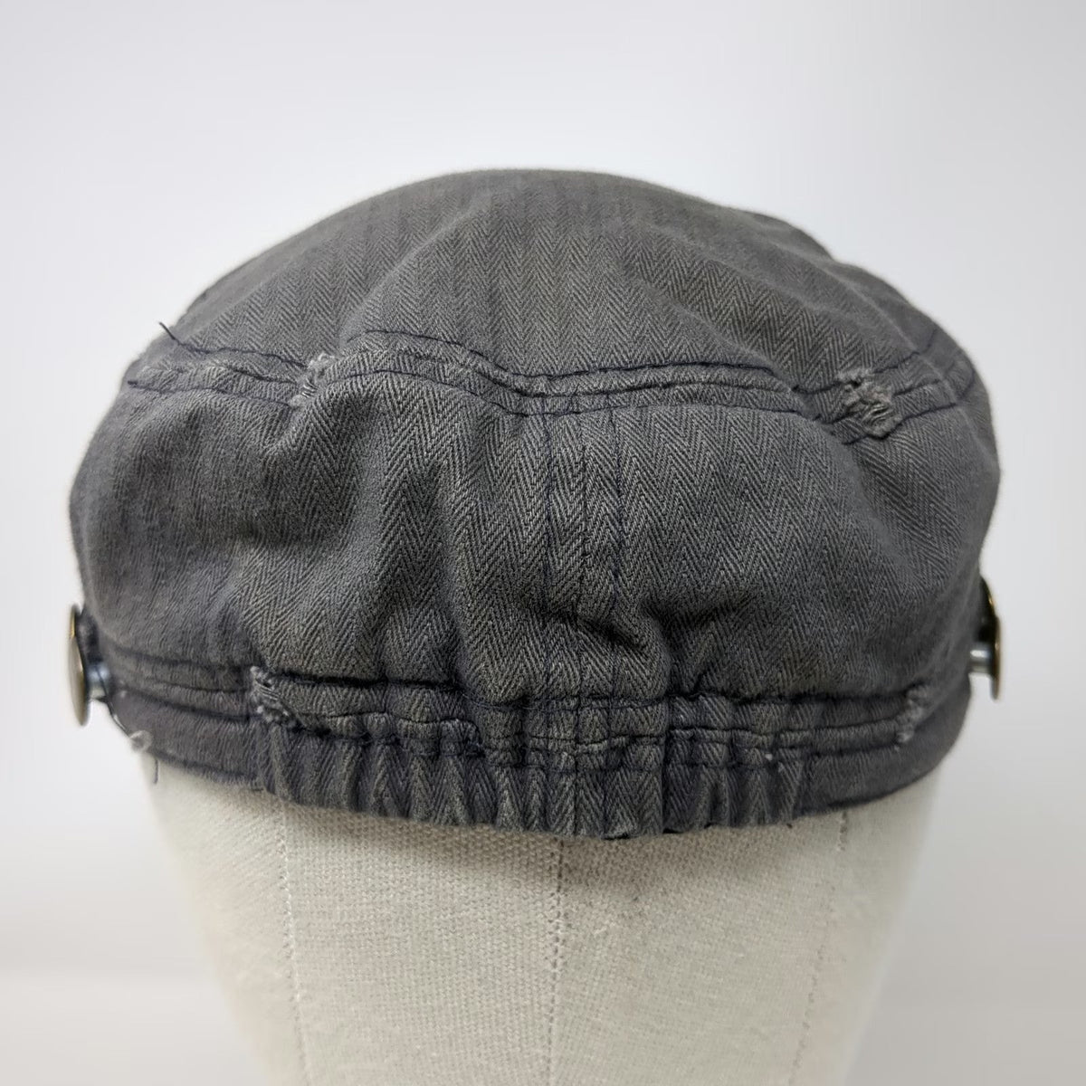 Elastafit Army Cap Gray One Size Frayed Herringbone Side Buttons Cotton Hat
