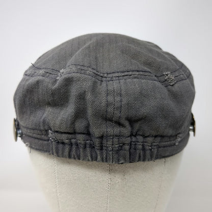 Elastafit Army Cap Gray One Size Frayed Herringbone Side Buttons Cotton Hat