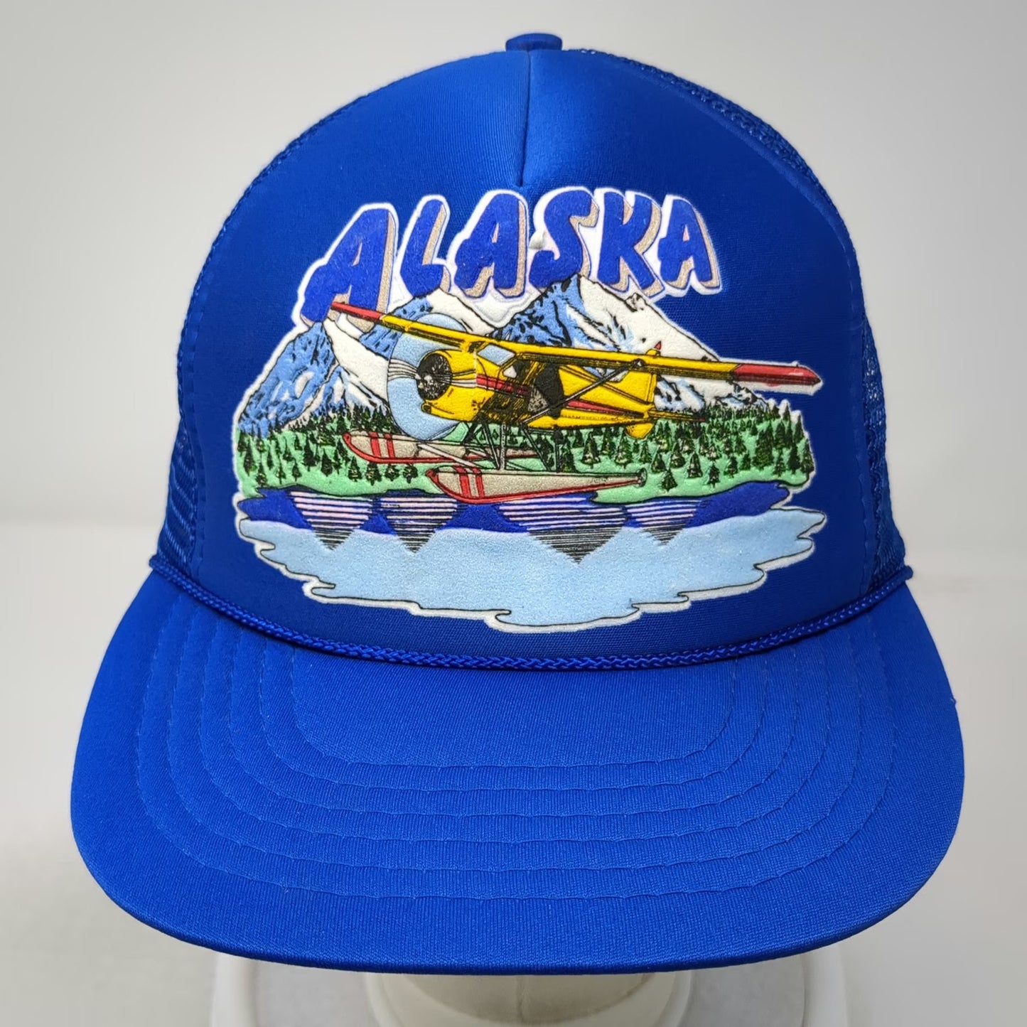 Blue Trucker Hat Alaska Bush Plane Scenic Mesh Snapback Foam Rope Logo Vintage