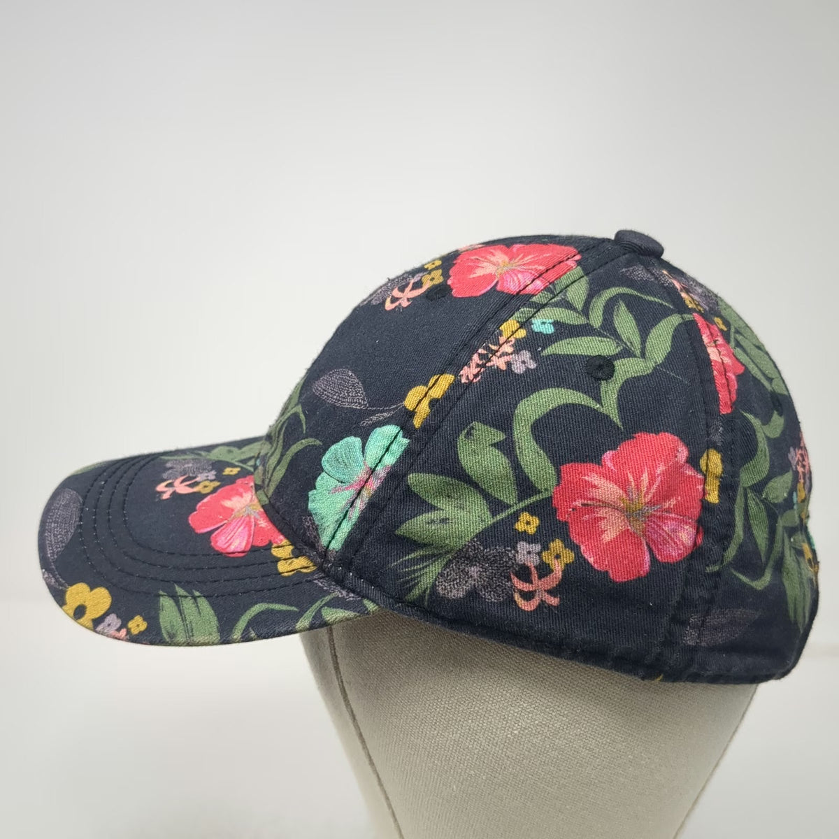Floral Baseball Cap Black One Size Cotton Slideback Strap Hat Flower Pattern