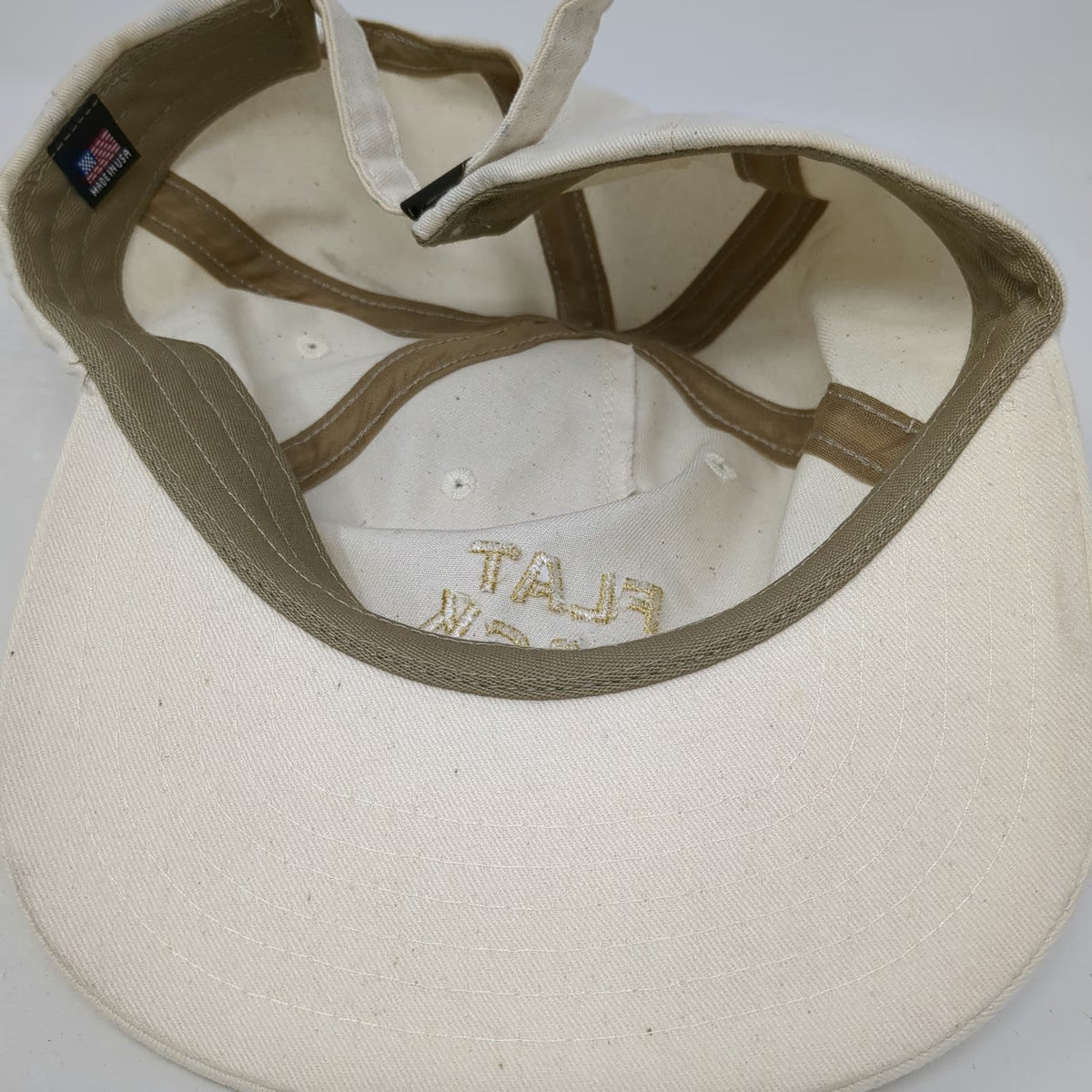 Flat Track Aus Tex 5 Panel Hat Beige One Size Gold Embroidery Made In USA Strap