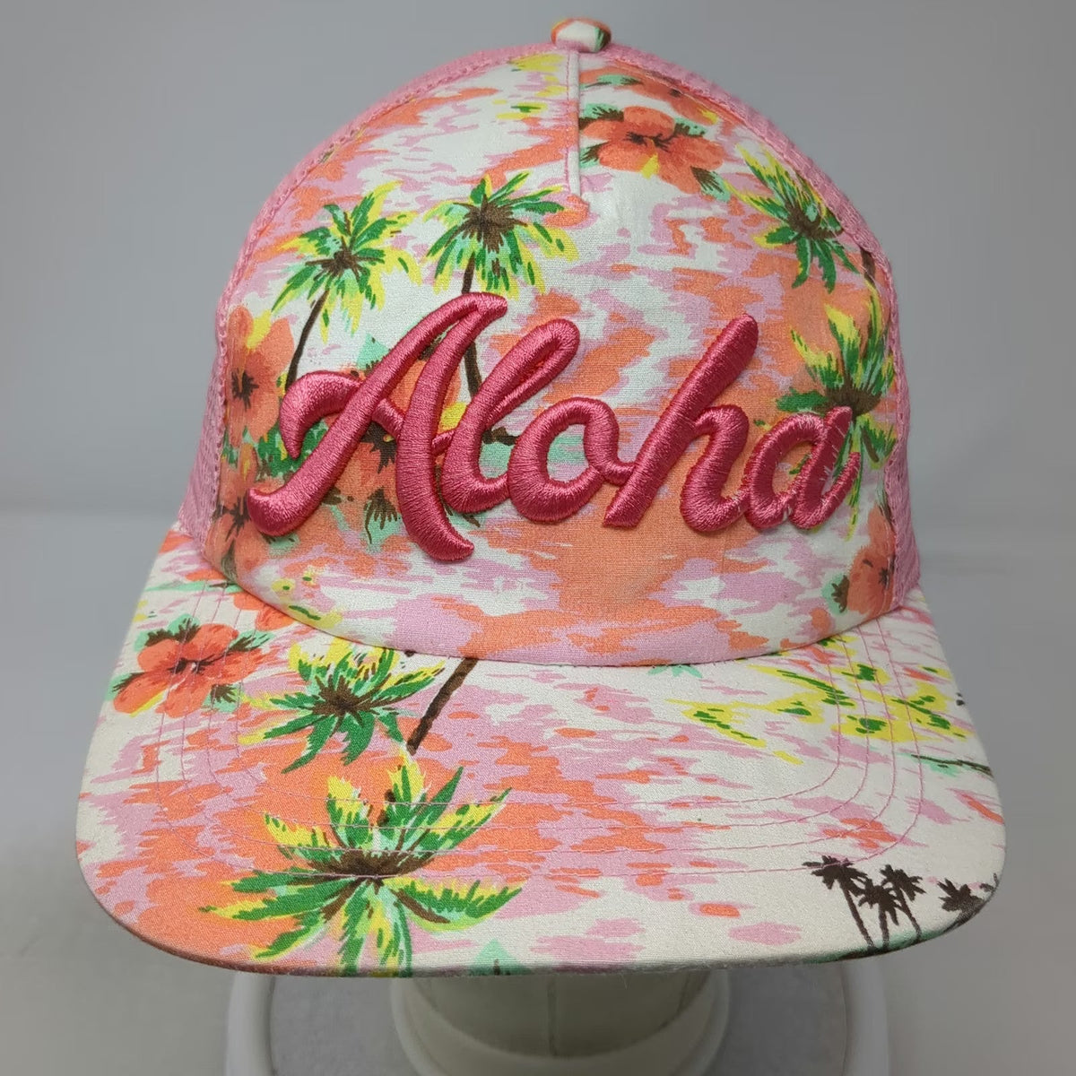 Pink Aloha Trucker Hat One Size Tropical Palm Tree Hibiscus Flower Mesh Snapback