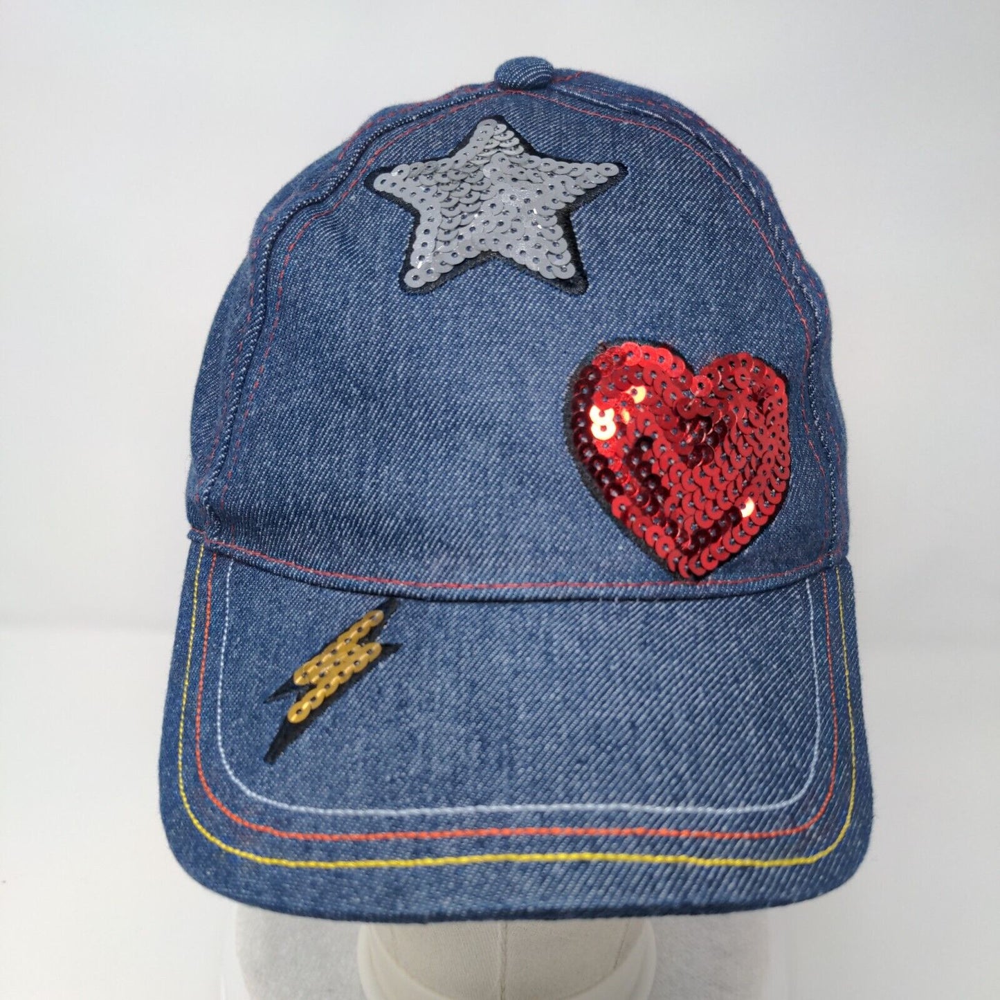 Star Heart Lightning Sequin Strapback Hat Blue OSFA Adjustable Denim