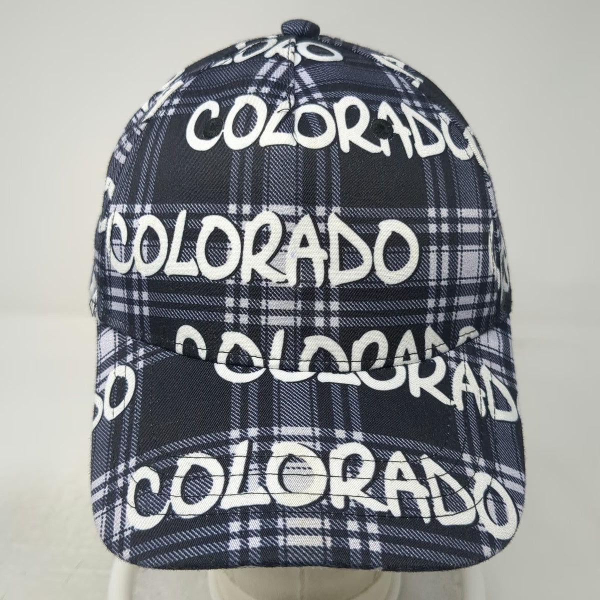 Robin Ruth 5 Panel Blue White Colorado Allover Print Plaid One Size Logo Hat