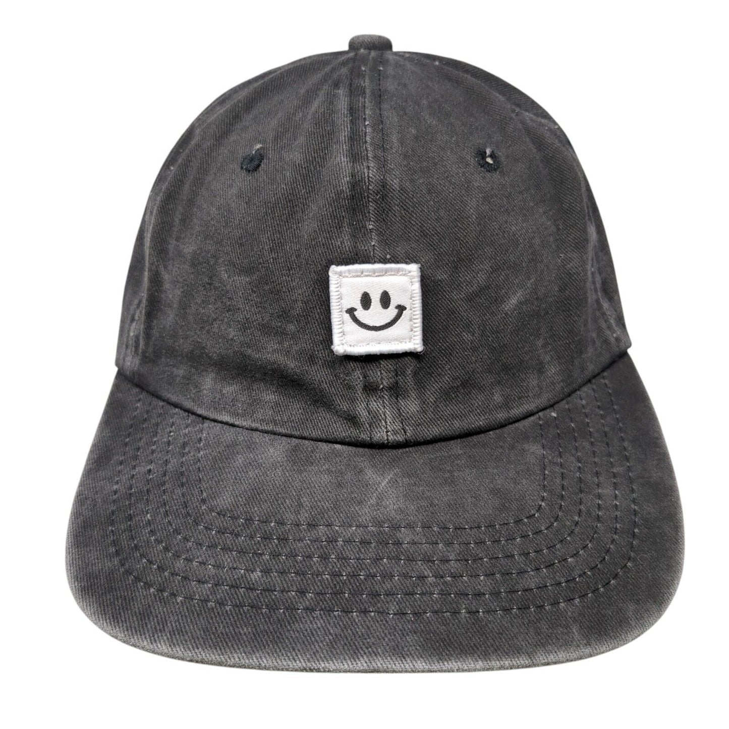 Smiley Face Slideback Hat Black One Size Adjustable Patch Vented Holes 6 Panel