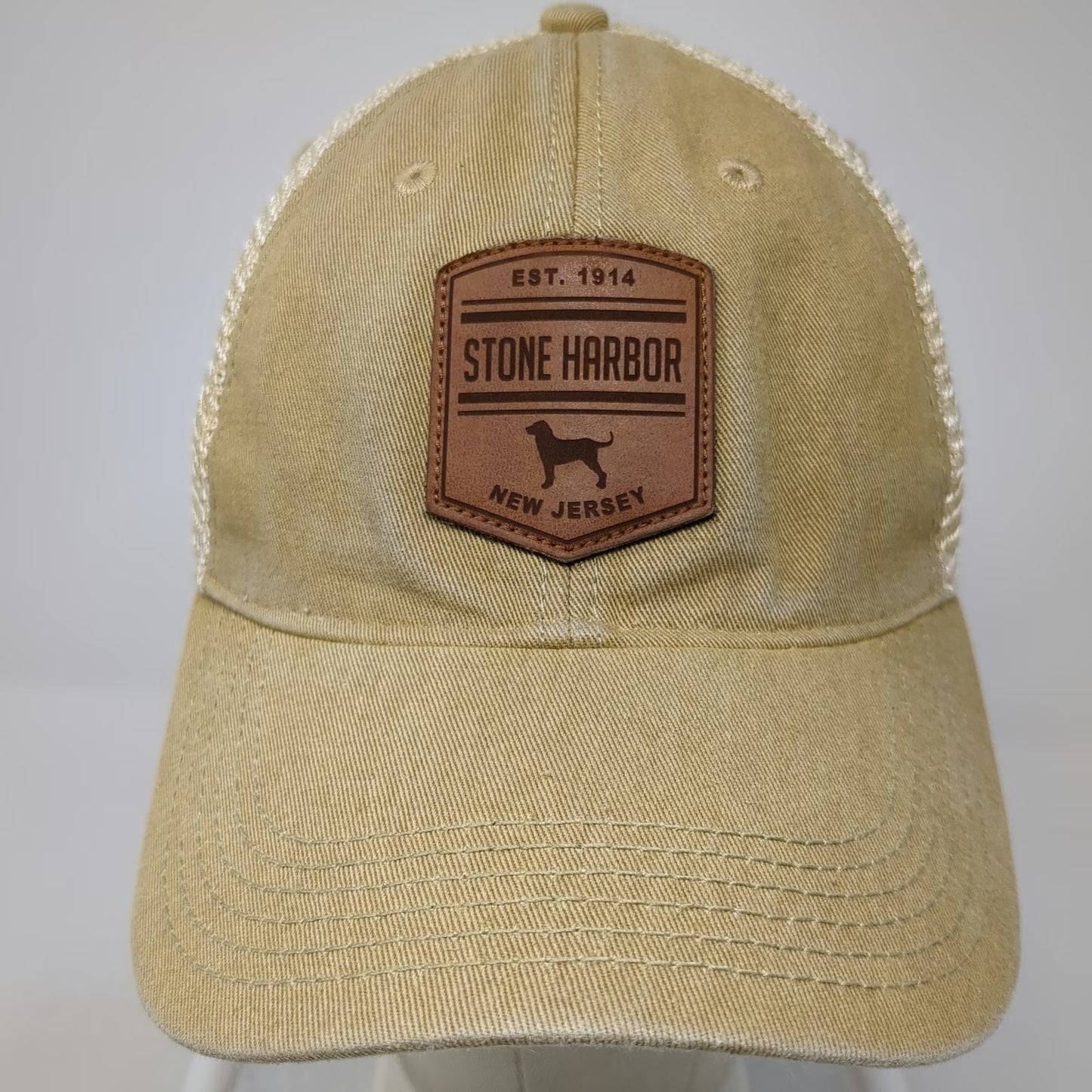 Legacy Trucker Hat Beige One Size Mesh Back Leather Patch Stone Harbor NJ Hat