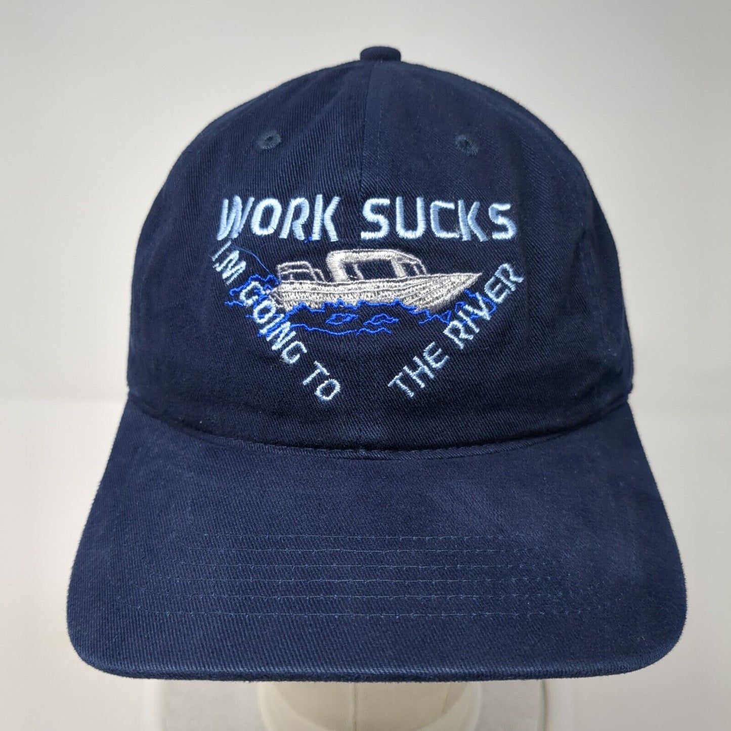 Work Sucks I'm Going To The River Slideback Hat Blue OS Adjustable Richardson