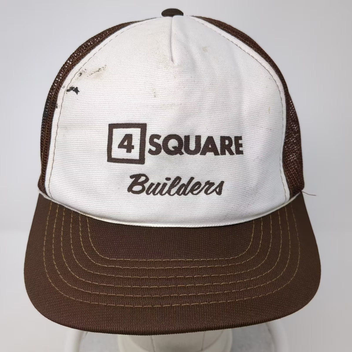 Young An 4 Square Builders Logo Mesh Back Trucker Hat Brown White OSFM Snapback