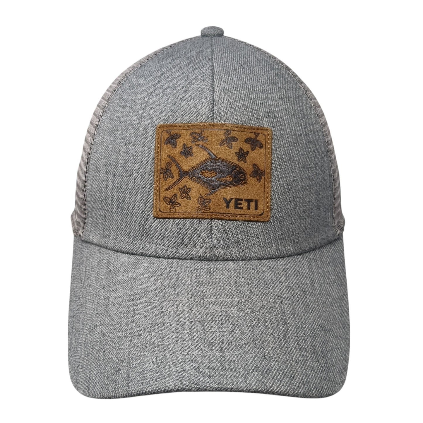 Yeti Fish Leather Patch Snapback Trucker Hat Gray One Size Mesh Back