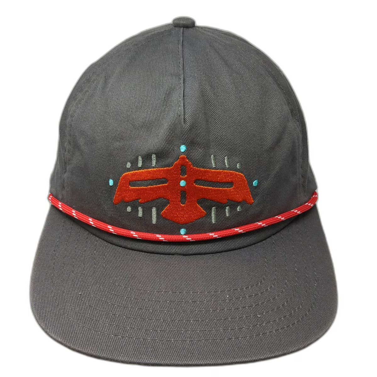 Raised by Coyotes 5 Panel Gray Hat One Size Thunderbird Embroidery Rope Snapback