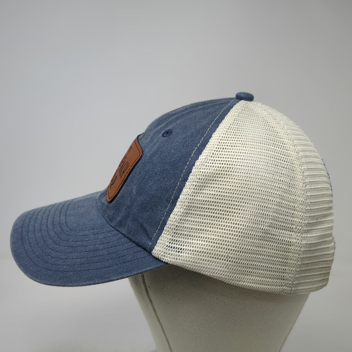 Sportsman Trucker Hat Blue White One Size Leather Patch Mesh St John USVI Bar