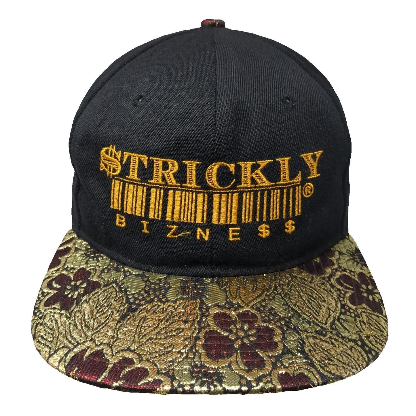 Snapback Black Gold Red OS Floral Brocade Flat Brim Strickly Bizness Logo Hat