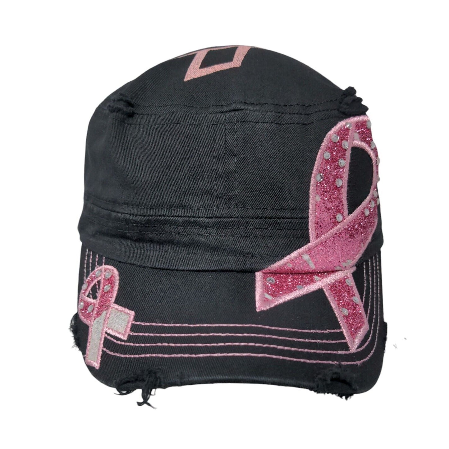 Pink Ribbon Rhinestone Strapback Army Hat Black One Size Pit Bull