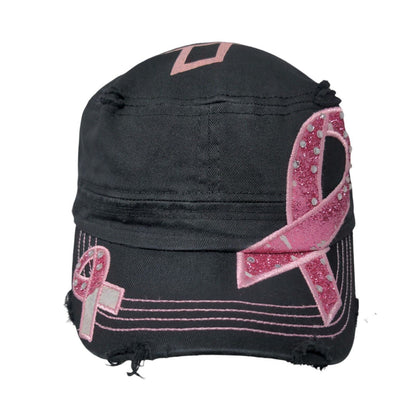 Pink Ribbon Rhinestone Strapback Army Hat Black One Size Pit Bull