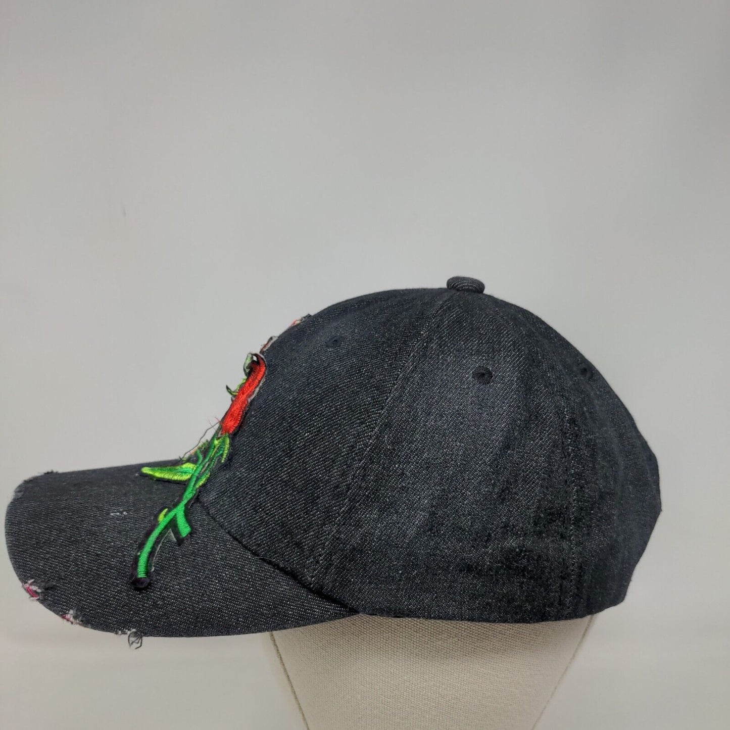 Rose Slideback Hat Black One Size Adjustable Embroidered Distressed 6 Panel