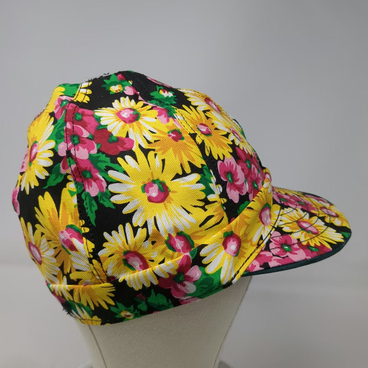 Kromer Baseball Cap Black Yellow Floral Print Hat Fitted 7 3/8 Made In USA