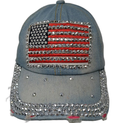 Baseball Cap Blue One Size Rhinestone American Flag Studded Jeweled Denim Hat