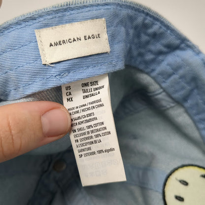 American Eagle Baseball Cap Blue One Size Denim Smiley Face Slideback Cotton Hat