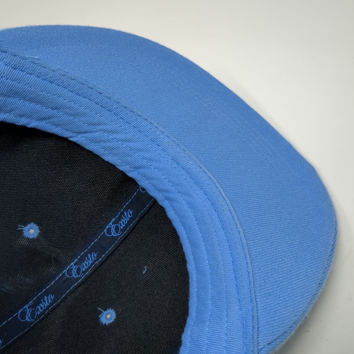 Exsto Blue Baseball Cap 7 1/2 Fitted Flat Brim Graphic Logo Shield Crest Hat
