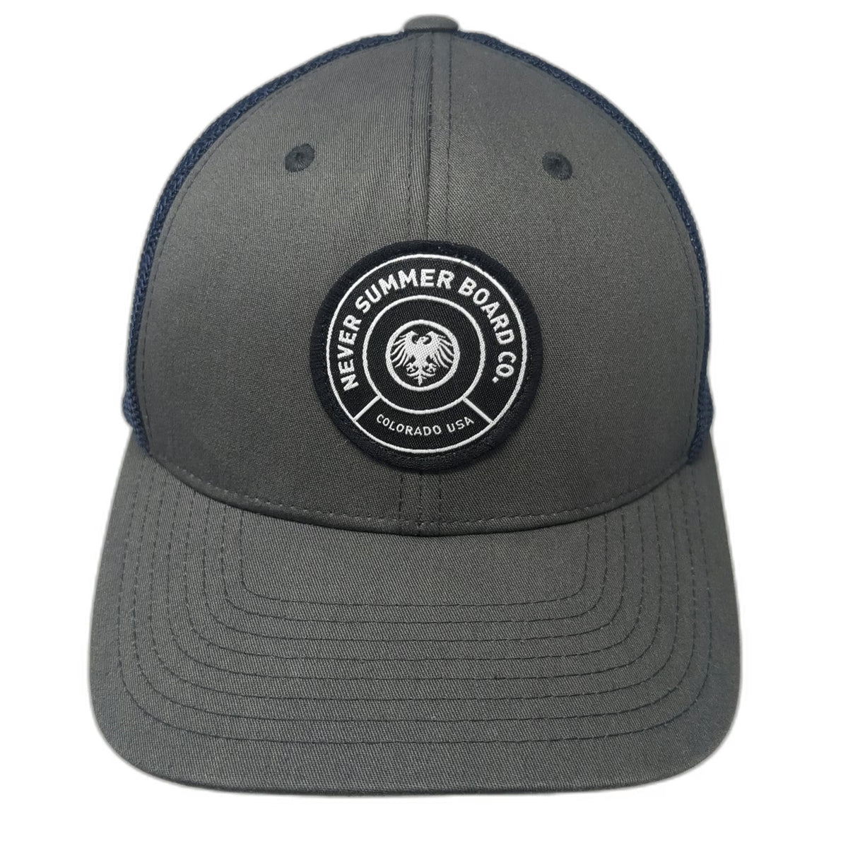 Never Summer Board Co Baseball Cap Gray Blue One Size Mesh Back Flexfit Hat