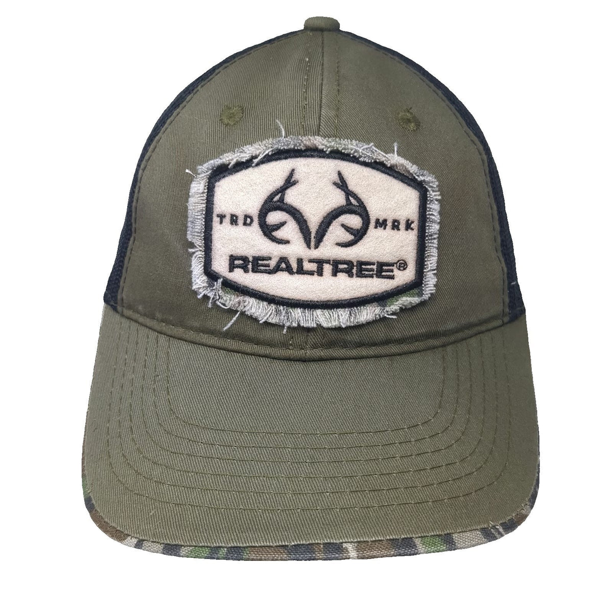 Realtree Trucker Hat Green One Size Snapback Frayed Patch Camo Brim Antler
