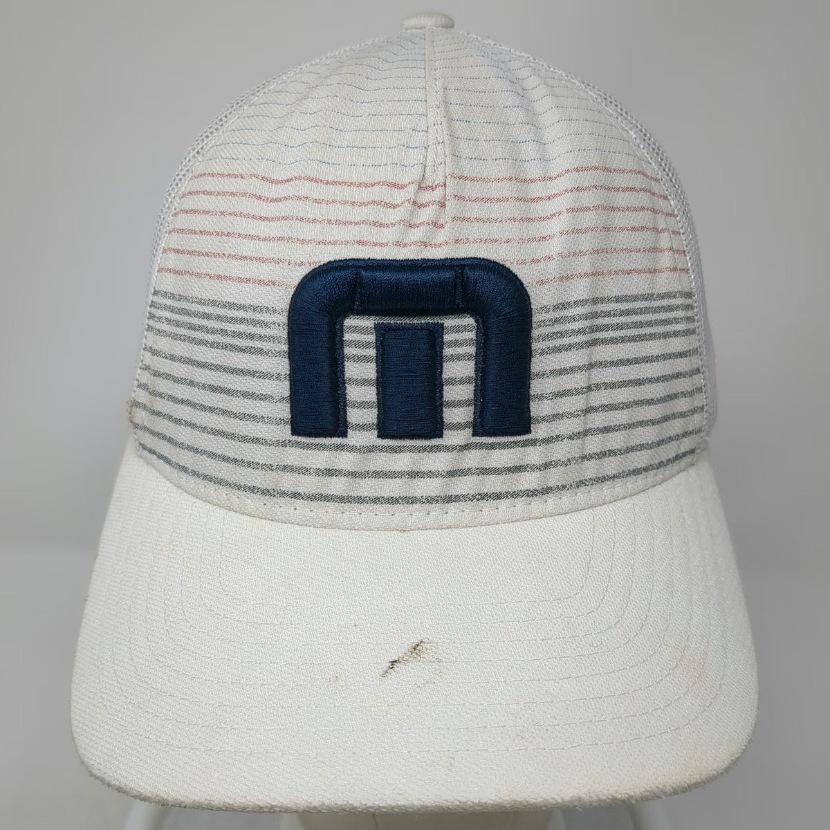 TravisMathew Trucker Hat White Blue Gray One Size Mesh Back Striped Structured