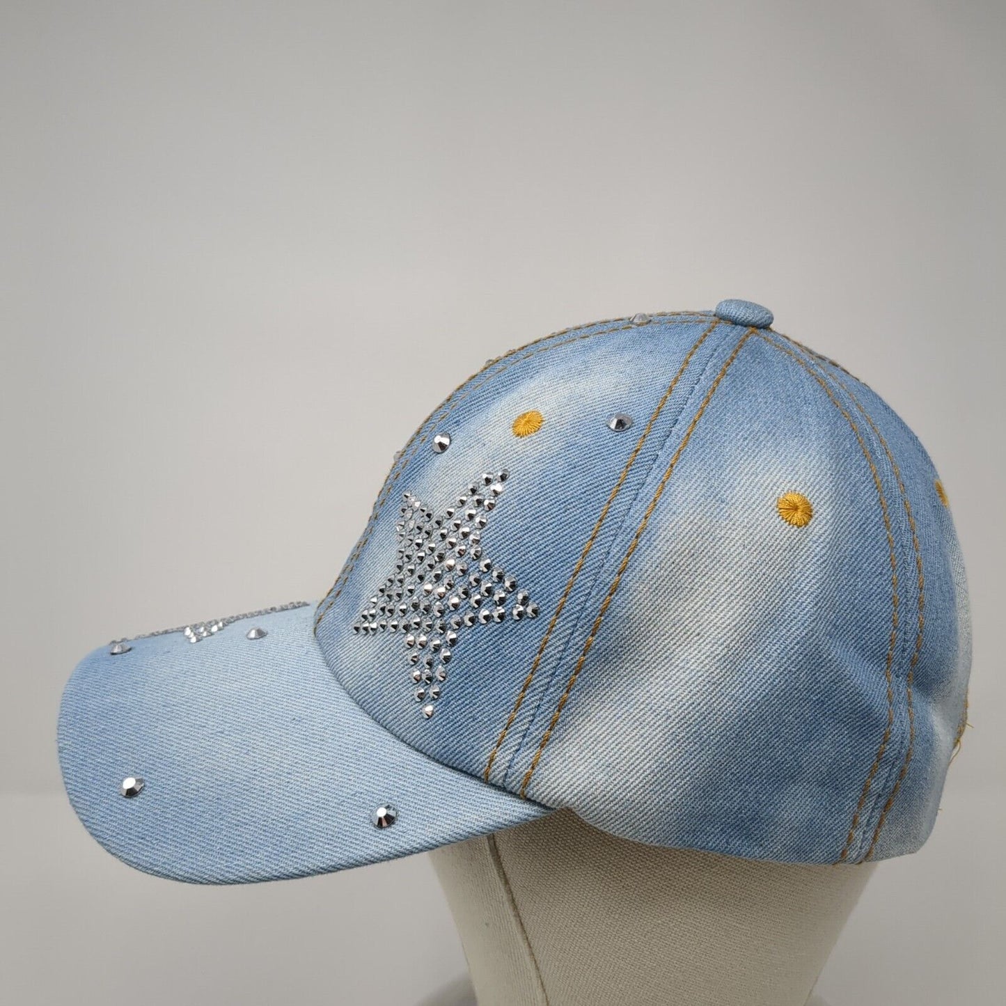 Stars Rhinestone Bling Slideback Hat Blue Denim One Size Leather Strap