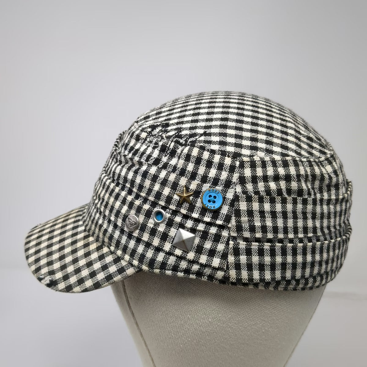 Roxy Army Cap Black White One Size Distressed Gingham Check Studs Plaid Hat