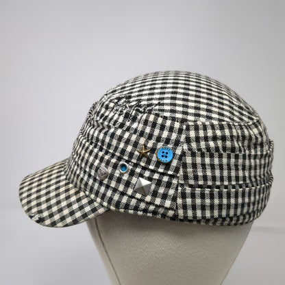 Roxy Army Cap Black White One Size Distressed Gingham Check Studs Plaid Hat