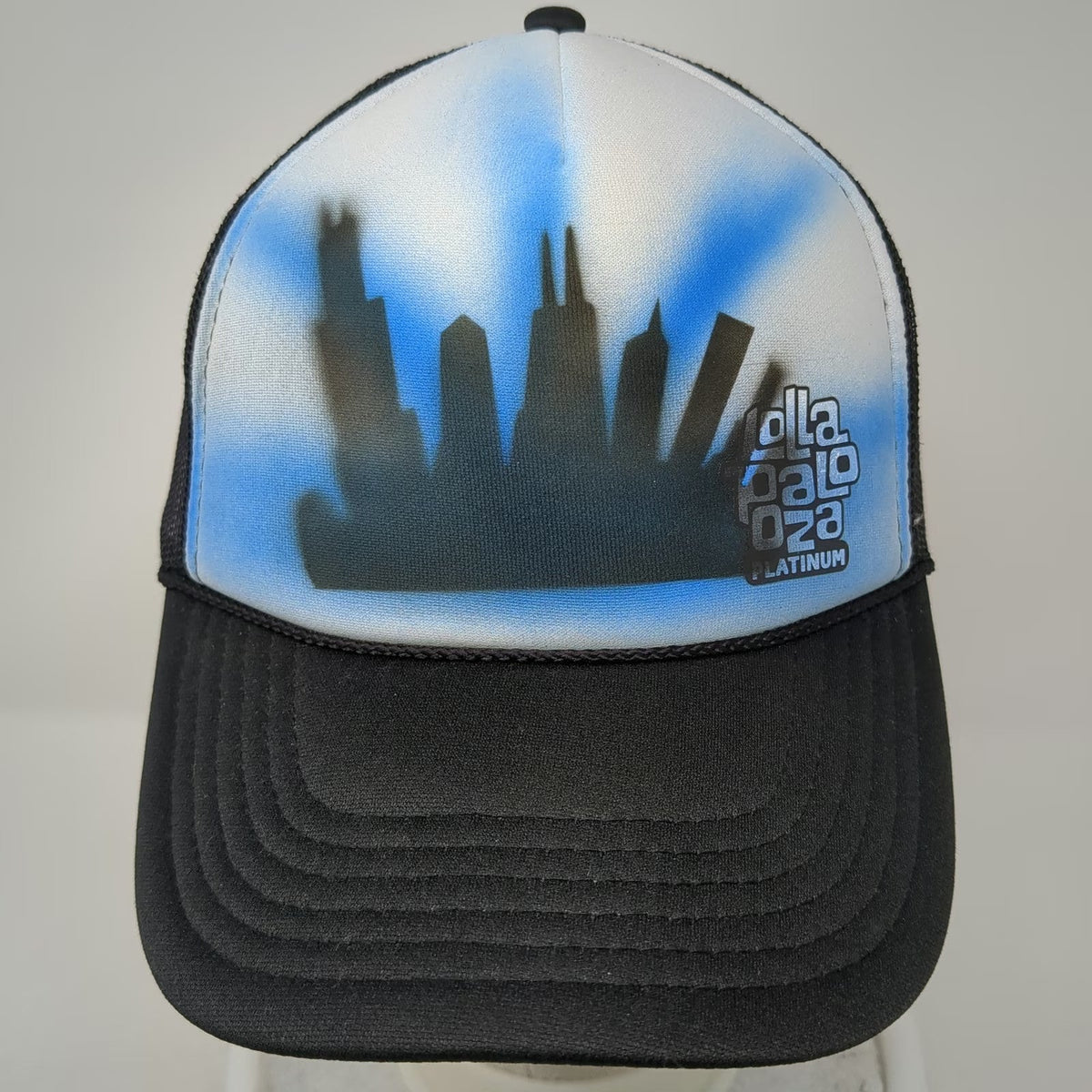 Otto Trucker Hat Black One Size Chicago Skyline Lollapalooza Platinum Mesh