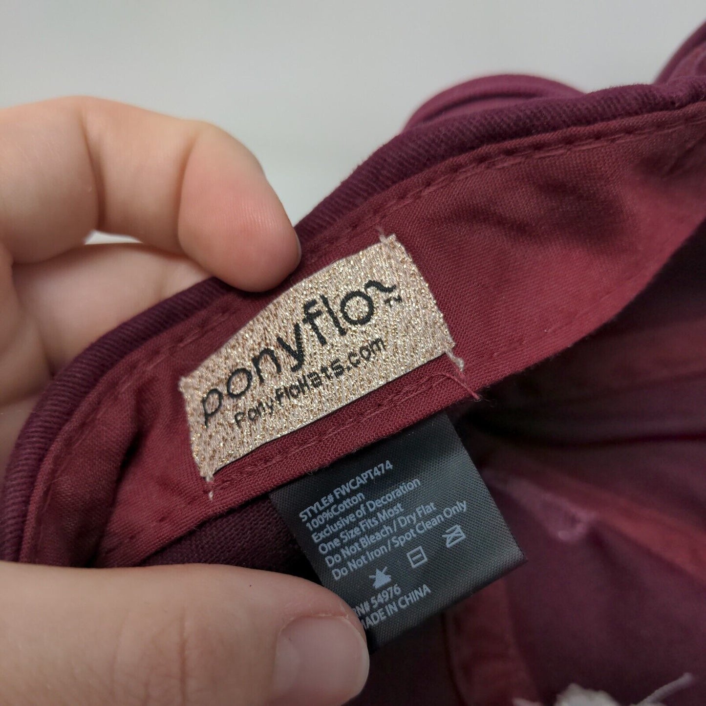 Ponyflo Strapback Hat Ponytail Red Burgundy OSFM Embroidered Distressed