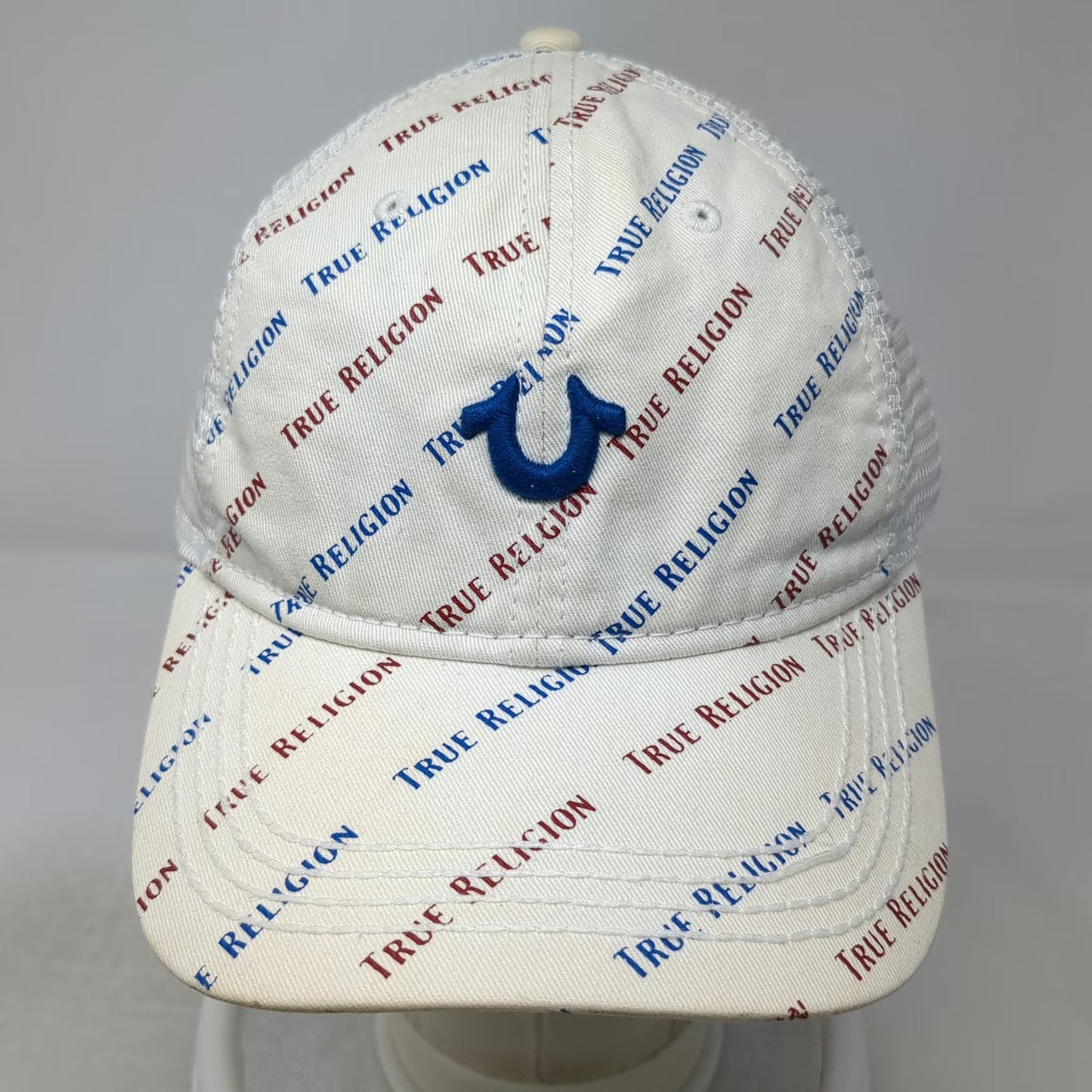 True Religion Trucker Hat White Blue Red One Size All Over Print Mesh Logo